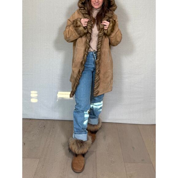 Vintage Dennis Basso Shearling-Trim Leather Coat – Camel Brown - Picture 7 of 9